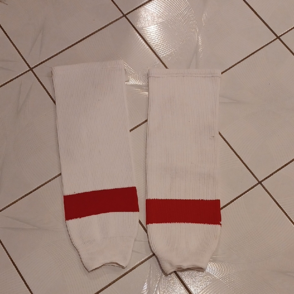 $4 Add-on White Striped Abused Knit Hockey Socks - Adult Size Large